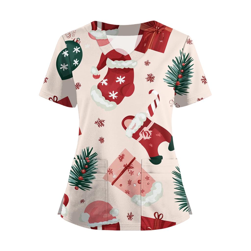 Kortermet juleprintet V-hals Topp T-skjorte med knapper i siden og splitt