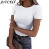 BITCED Women's Short Sleeve Stretch O-Neck Ribbed T-Shirt Fitted Casual Basic Top
