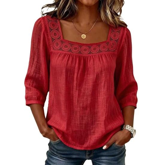 Camicetta da Donna Scollo Quadrato Manica 3/4 Colore Unico Casual Vestibilità Larga Pizzo Intrecciato Estiva Traspirante Top