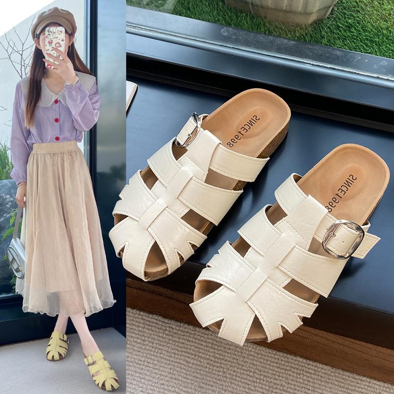 Fashion Flat Retro Woven Baotou Half Slippers Women's Outside Wear New Summer Soft Sole Non-slip Cool Drag Roman Sandals