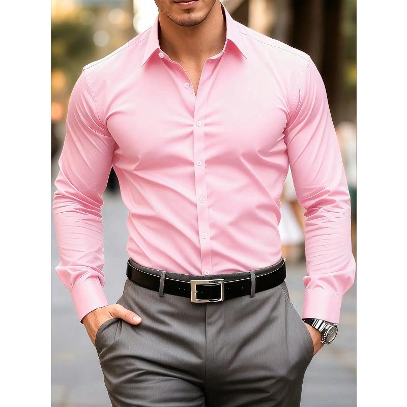Men's Solid Red Long Sleeve Formal Dress Shirt for Business Office Wear