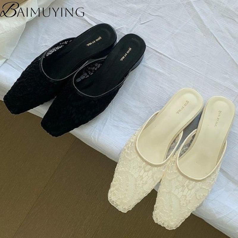 Mesh Hollow Slippers Women Heeled Sandals Square Toe Lace Shoes Casual 2025 Trend Chunky Mules Summer Dress Woman Comfort Slides