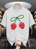 Two Strawberry Green Bow Cartoon Print Unisexs Crew Neck T Shirt Sweet Fruit Graphic Short Sleeve Casual Cotton Daily Tops