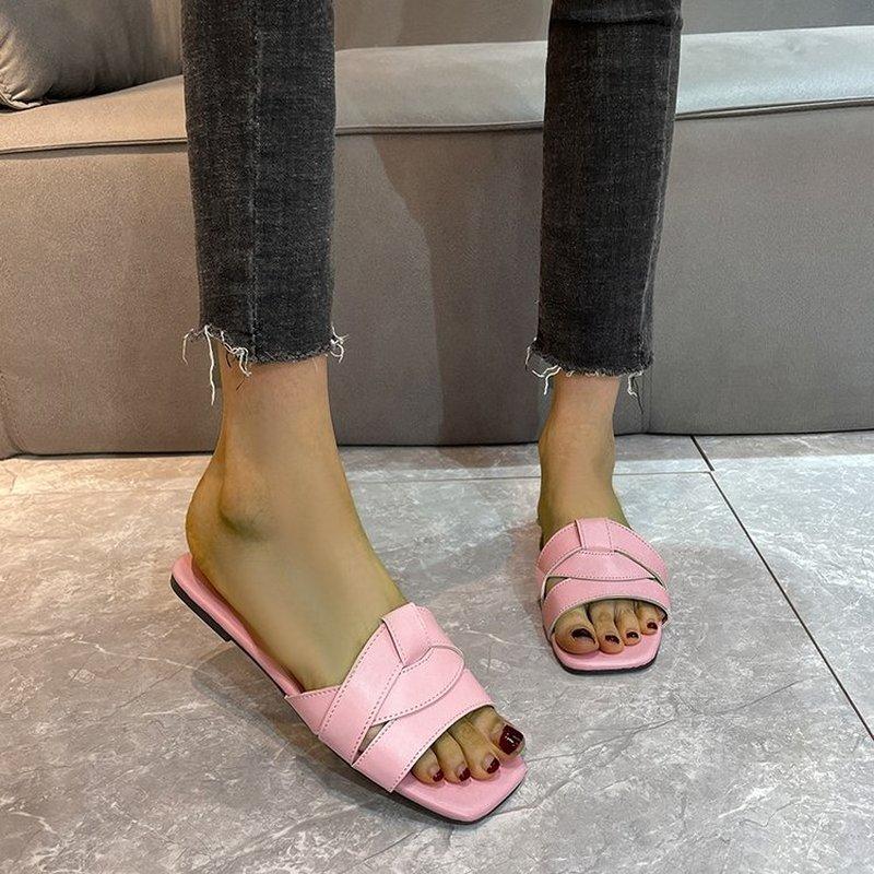 

Women Slippers Square Head Women s Shoes 2024 Summer New Fashion Casual One-line Solid Color Women s Flat Slippers Flip Flops