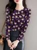 Damen Blumen Slim Fit Milchseide Langarm-T-Shirt - Rundhals Basisschicht für Herbst/Winter