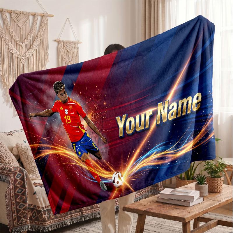 Coperta in pile personalizzata Lamine Yamal con logo del calcio, testo con nome personalizzato, morbida, calda, coperta da divano per la casa