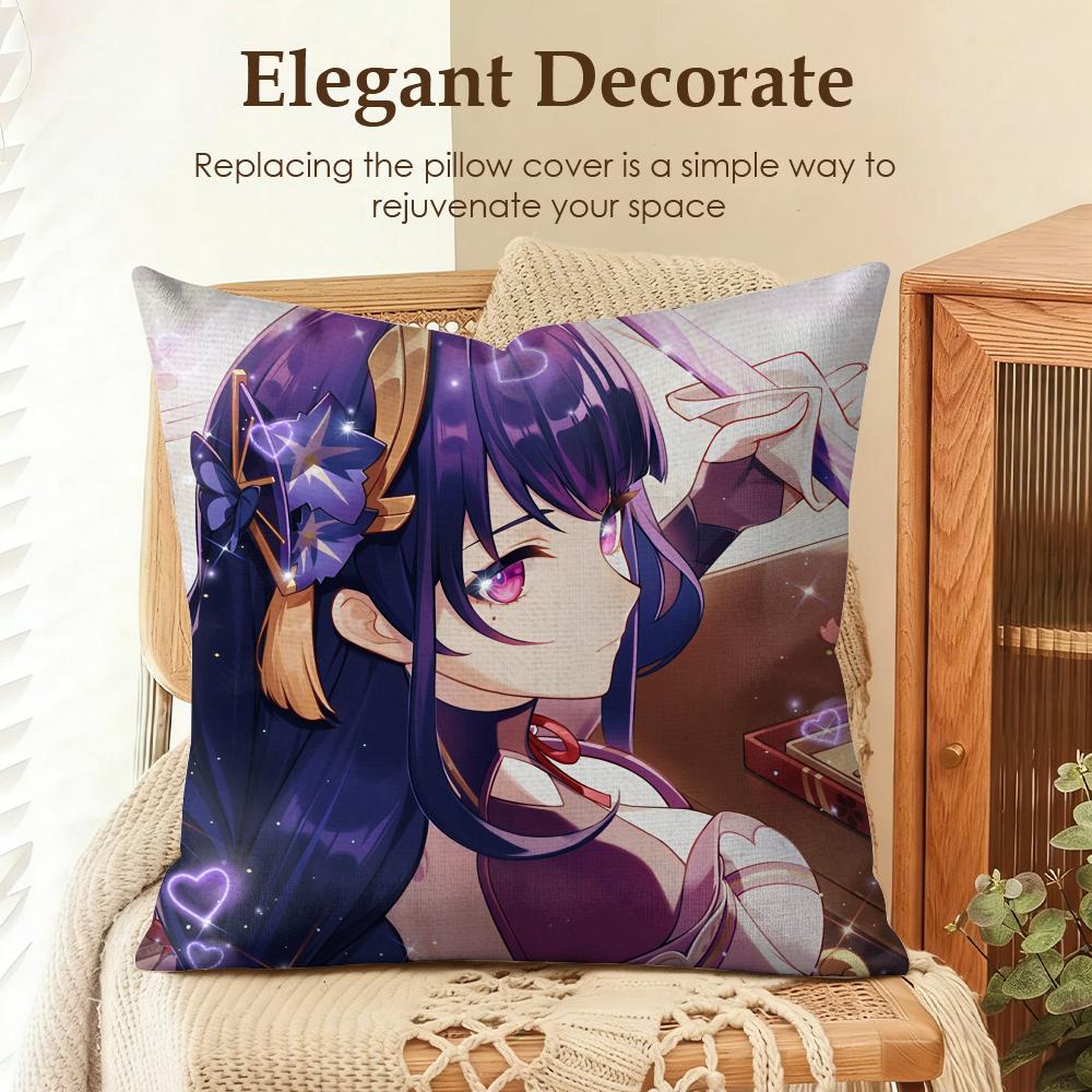 Raiden Shogun Genshin Impact Cushion Cover Natural Linen Organic Fabric DoubleSided Printing Sofa Home Decor Gift Pillow Case
