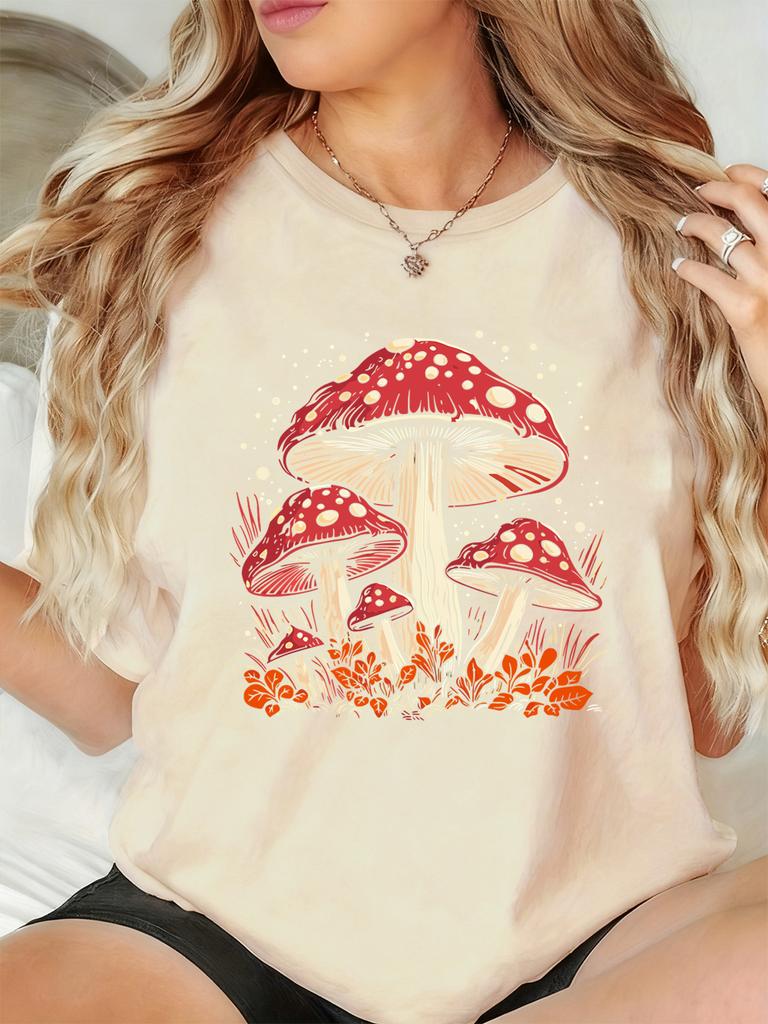 Red Mushroom Personality Prints TShirts Women Summer Short Sleeve Tops ONeck Soft T Shirt Basics Comfortable Womans Clothes