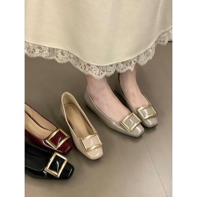 Metal Square Buckle Single Shoes Patent Leather Square Head Shallow Mouth Inner Height Increase Commuter Shoes Small Leather Shoes