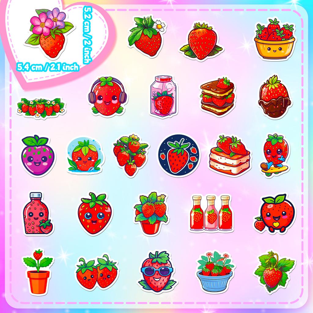 50 Red Heart Strawberry Stickers Girl Heart Cute Strawberry Dessert Personality Cartoon Fruit Stickers