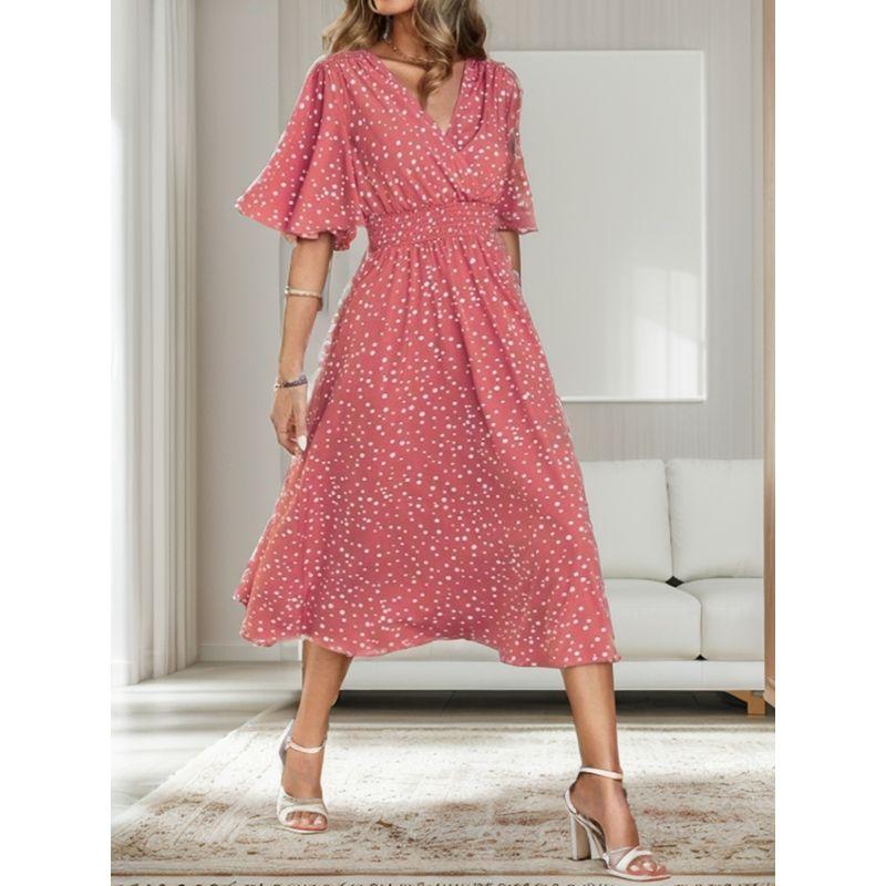 

Sweet Summer New Arrival Fashion Wind V Neck Ruched Polka Dot Printed Waist-Controlled Ruffle Sleeve Mid Length Long Length Dress Dress Pink M