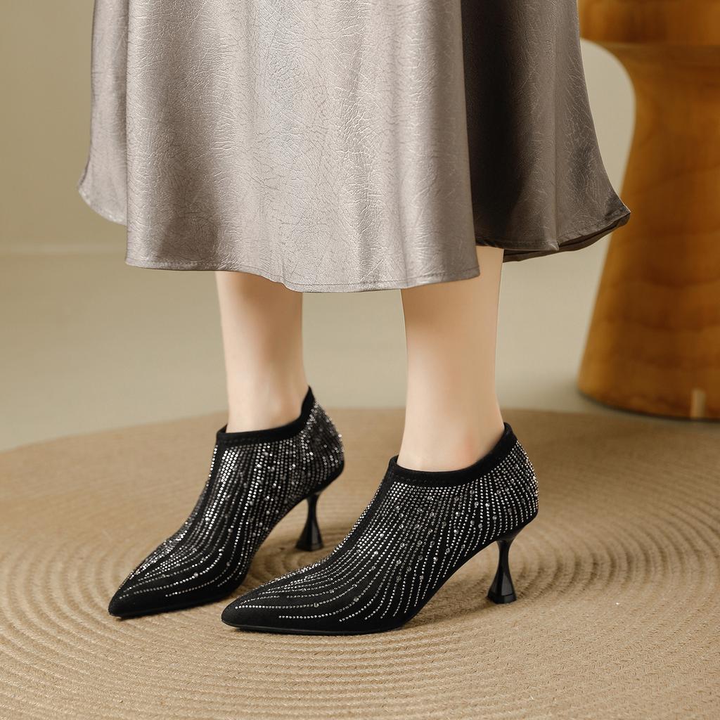 French rhinestone premium black single shoes women's 2025 new banquet dress pointed thin heel deep high heels