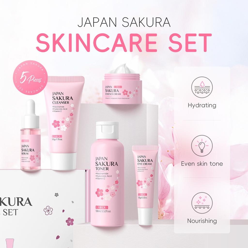 LAIKOU Sakura Kit Hautpflegesets Feuchtigkeitsspendend und Reduzierung feiner Linien Reinigung Poren Produkt 5-teiliges koreanisches Weihnachtsgeschenkset