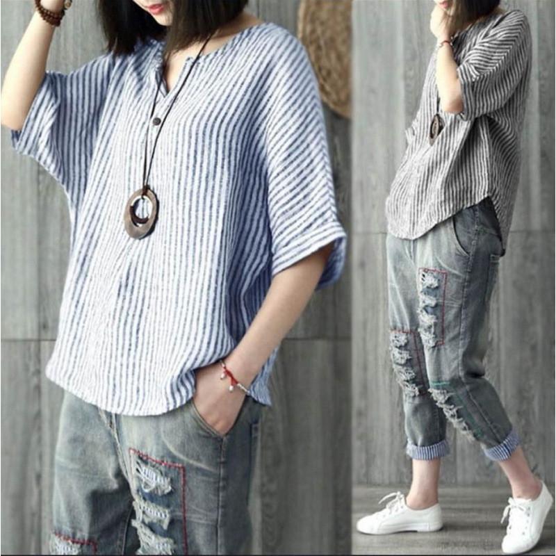 Vintage Striped Cotton T Shirt With Print For Casual Women Summer Wear