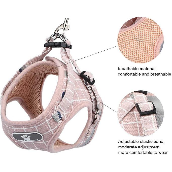 Cat and Puppy Harness with Leash Set, Plaid Adjustable Outdoor Small Dog Full Body Vest Escape Proof Safety, Breathable Comfort Reflective Cat