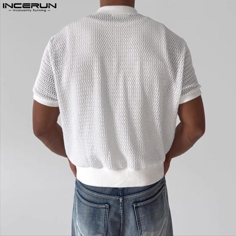 INCERUN Herren Reißverschluss Kurzarm Durchsichtig Lässig Hemden Oberteile