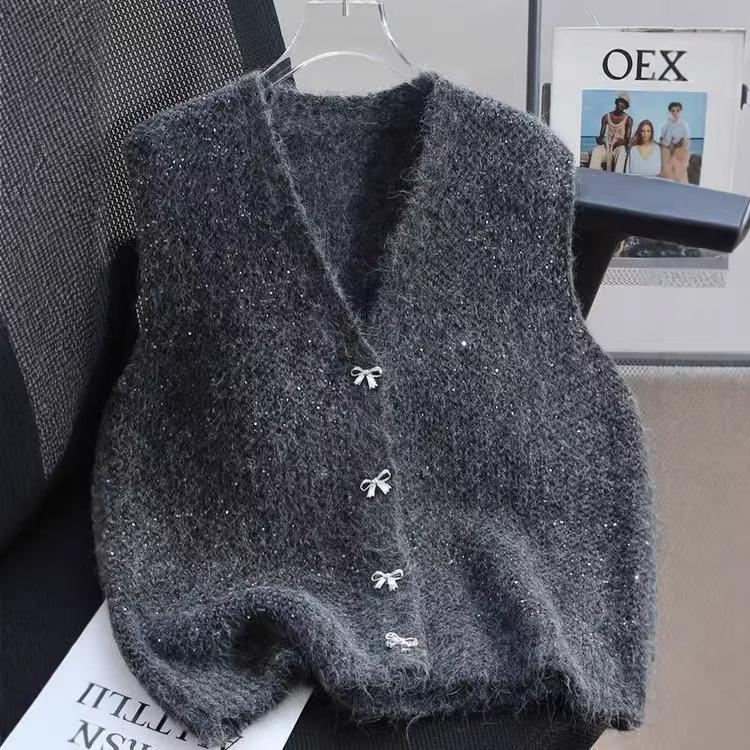 sequined cardigan knitted vest for women's early spring new lazy high-end sense stacked vest vest for women