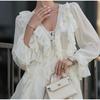 Summer Women Solid Color Pleated Dress Elegant Ruffles V-neck Long Sleeve Mini Dress Fashion Female Fold Casual Beach Party Dress