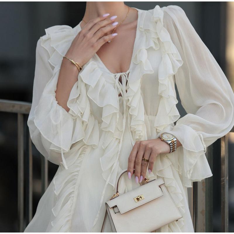 Summer Women Solid Color Pleated Dress Elegant Ruffles V-neck Long Sleeve Mini Dress Fashion Female Fold Casual Beach Party Dress