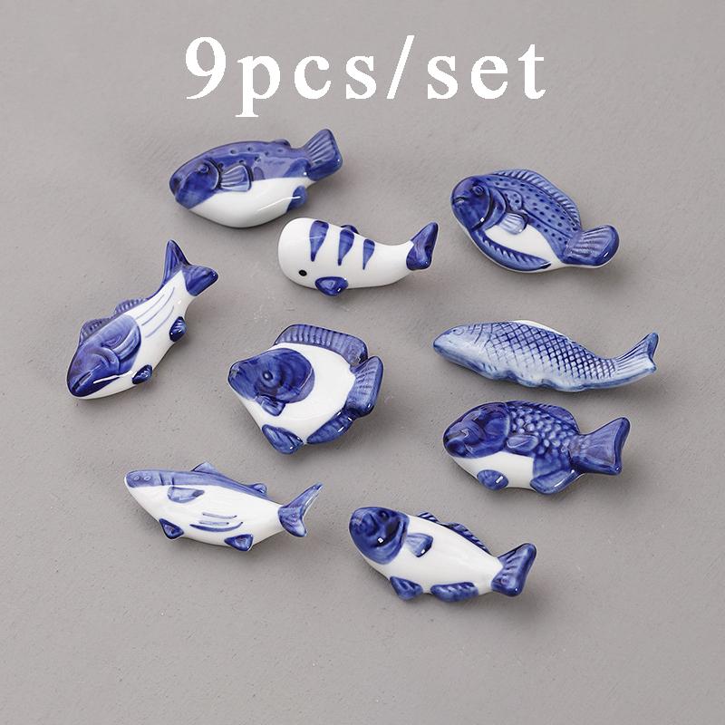 9 Stück Keramik Essstäbchenablage Niedlicher Blauer Fisch Besteckhalter Restaurant Löffelständer Japanischer Stil Sushi Essstäbchenständer für Tisch