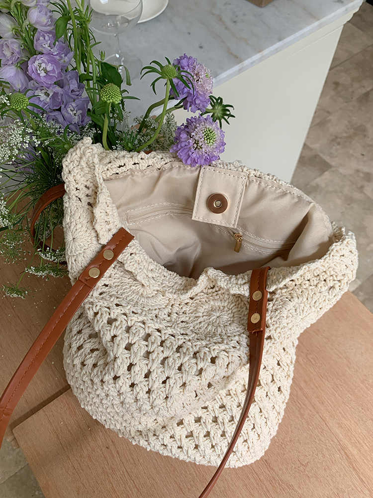 Cott Braided Women's Knitted Shoulder Bag Hollow Out Ladies Summer Tote Bags Beach Vacati Female Large Capacity Handbag