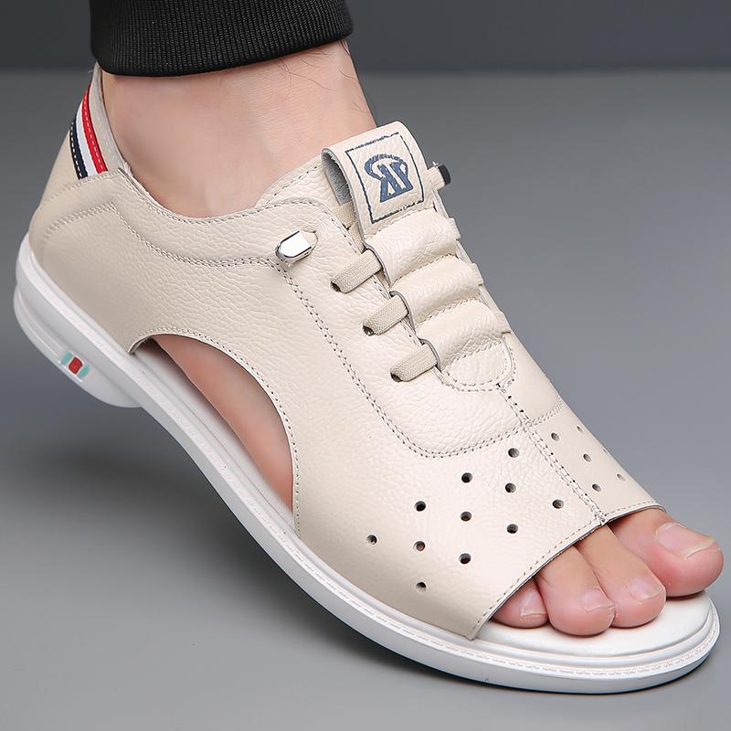 Fashion Breathable Men Casual Leather Shoes Outdoor Beach Sandals Quick Dry Non-Slip Summer Shoes Open-toe Male Casual Loafers Sneakers