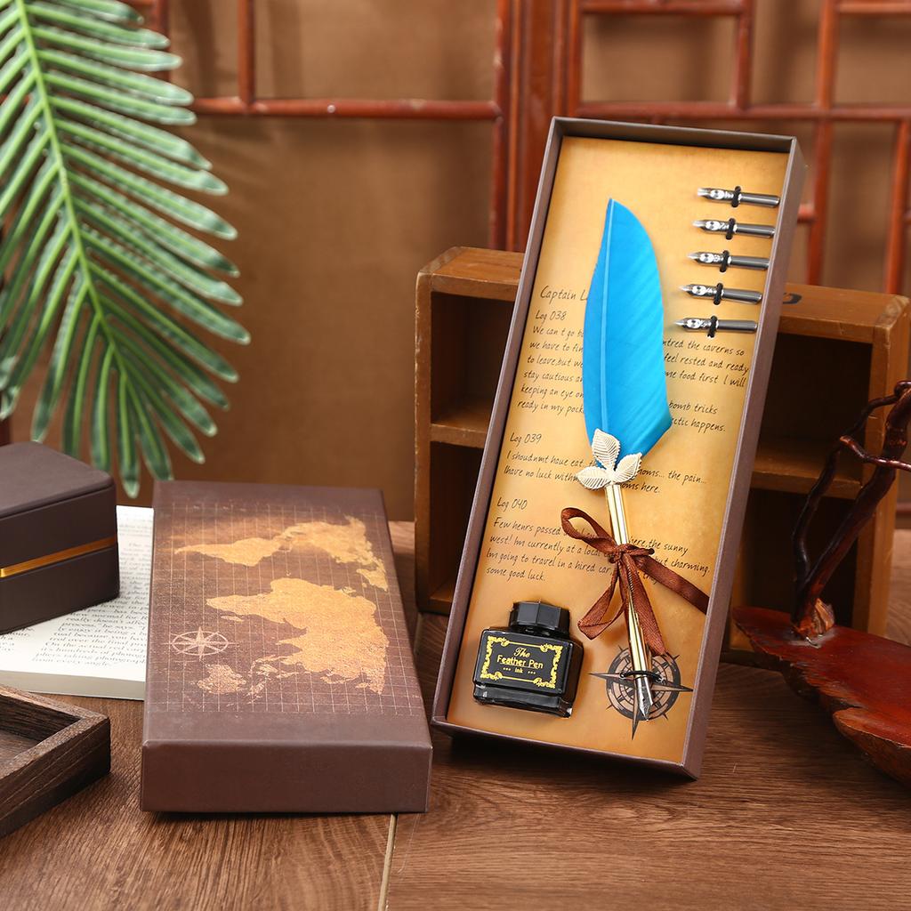 Retro Feather Dipped Pen Set, Solid Color Quill Pen Can Replace Nib Creative Holiday Gift