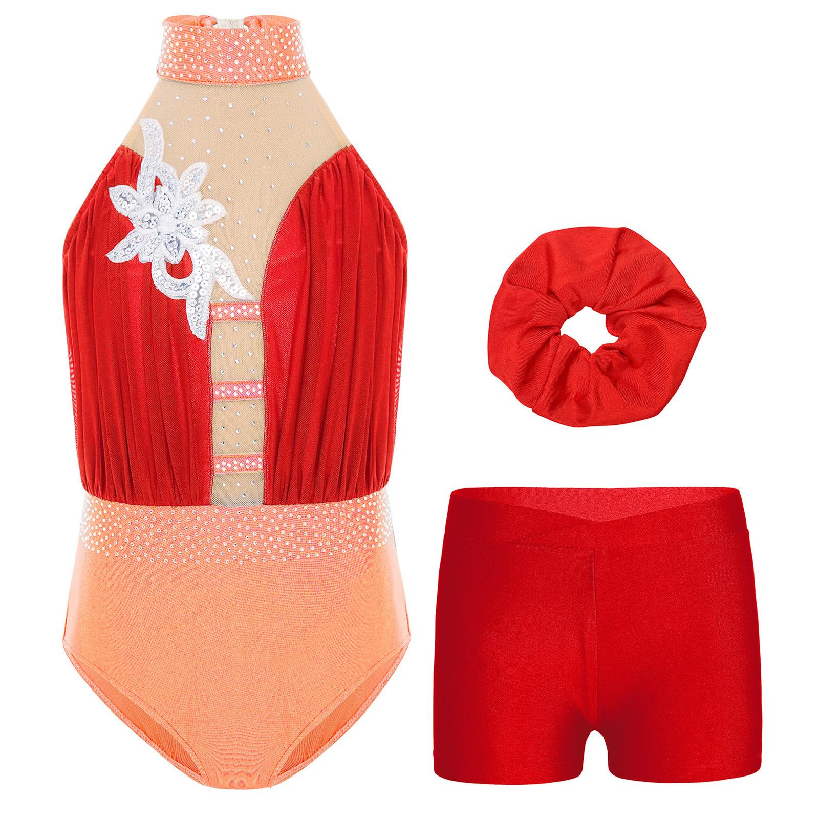 

Girls Gymnastics Dance Outfit Sleeveless Keyhole Back Rhinestones Leotard V Waistband Shorts Hair Tie 5-6 Years