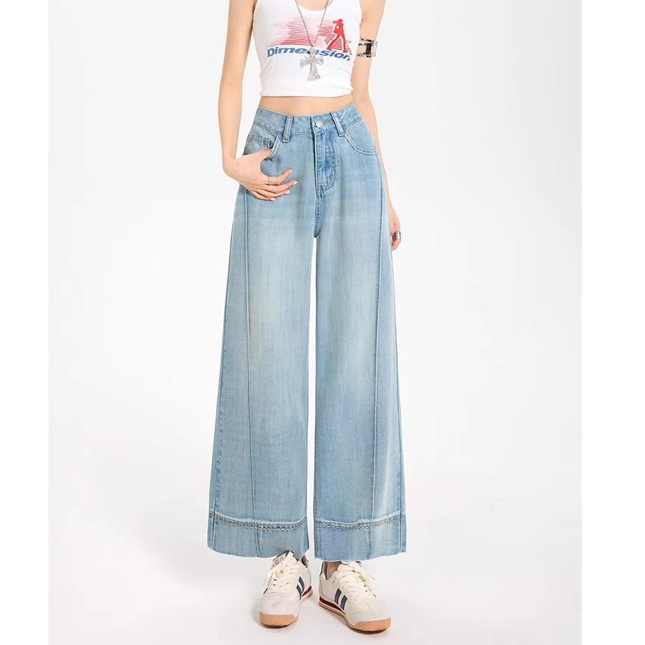 Women s Light Blue Tencel Wide-Leg Cropped Jeans, Summer Thin, Plus Size & Petite, High Waist, Drapey Style XXL светло-синий
