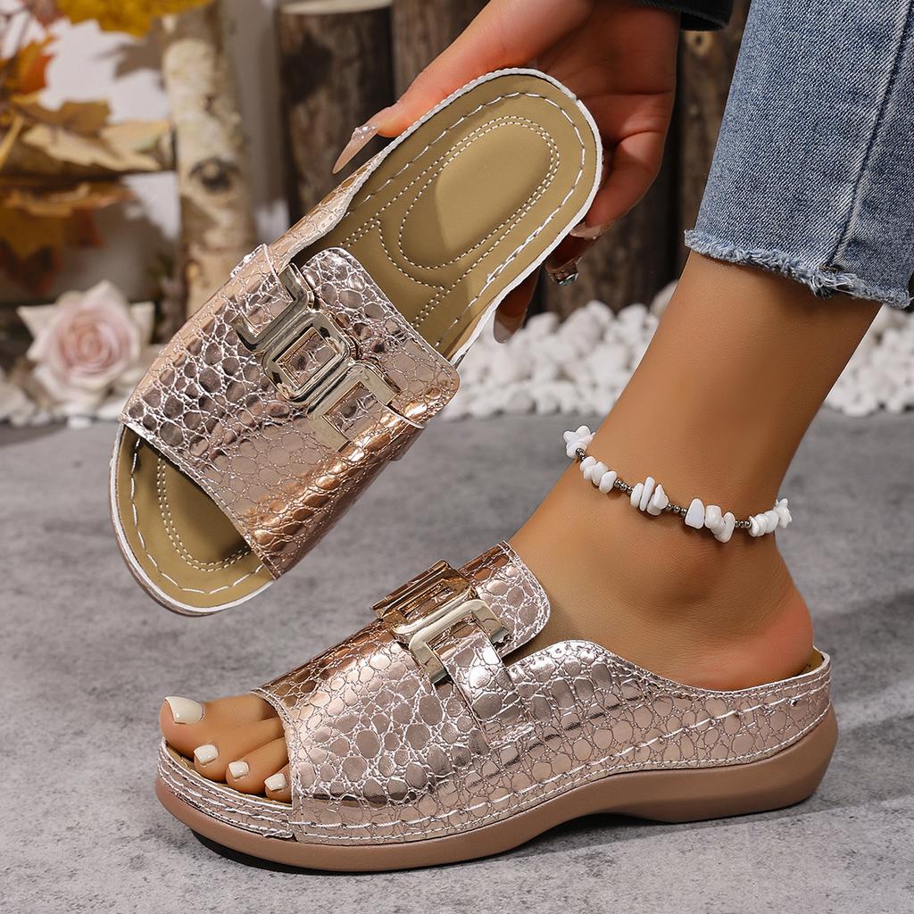 Fashion Summer 2025 Women Slippers New Large Size Solid Color Round Head Shoes Women Metal Casual Outdoor Roman Style Wedge Sandals