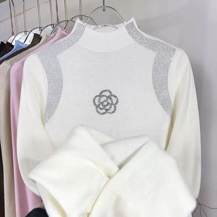 Women's Half Turtleneck Sweater with Rhinestones Solid Color Stretch Knit Pullover sweater  Autumn  Winter