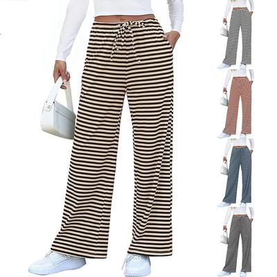 2025 Women's Casual Striped Lace-Up Flared Trousers - European and American Style, Loose Straight Long Pants