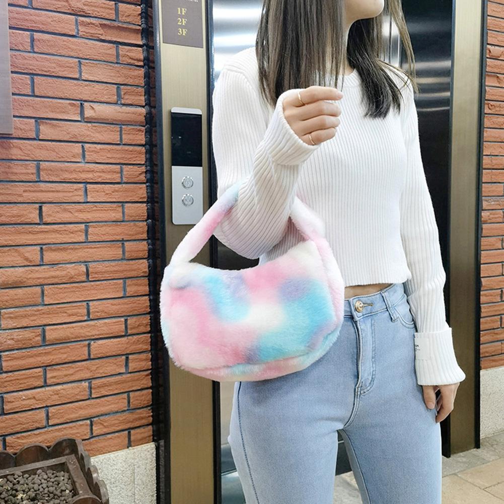 Rainbow Shoulder Bag Simple Fashion Furry Bag Large Capacity Fluffy Tote Bags Colorful Top-handle Bag for Autumn Winter