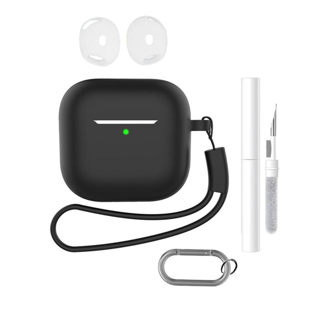 For AirPods 4 Earphone Silicone Case Set with Anti-Lost Keychain, Strap, Ear Tips, Cleaning Pen