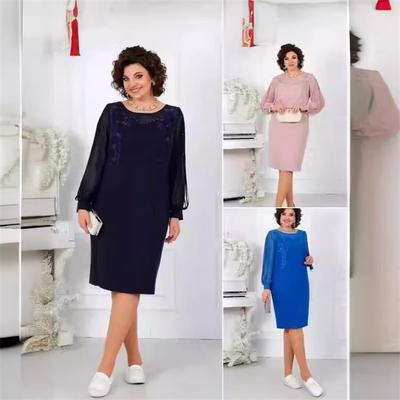 European And American Style Summer New Style Ladies Loose Round Neck Long-sleeved Webbing Dress Plus Size Plus Long Skirt