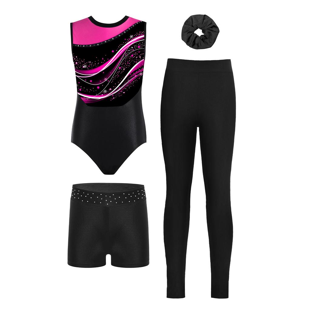 4-Piece Girls Gymnastics Dance Set Sleeveless Color Block Leotard with Rhinestone Shorts Leggings Hair Band