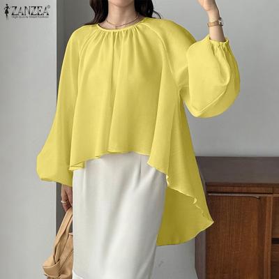 Women Casual Round Neck Loose Long Sleeve Asymmetrical Hem Cover Up Blouse