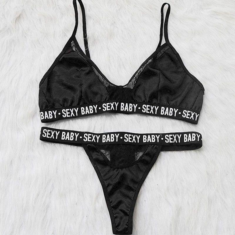 Elegantes Sexy Baby-Buchstaben-Print BH- und Höschen-Dessous-Set mit zarten Spitzenverzierungen