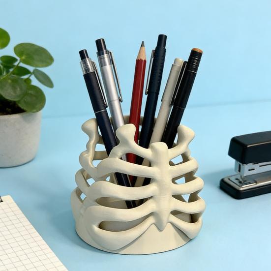 Ribcage Pen Holder Gothic Makeup Brush Holder 3D Printed Anatomy-Themed Skull Pen Holder Desktop Organizer for Vanity Desk Office Room Decor