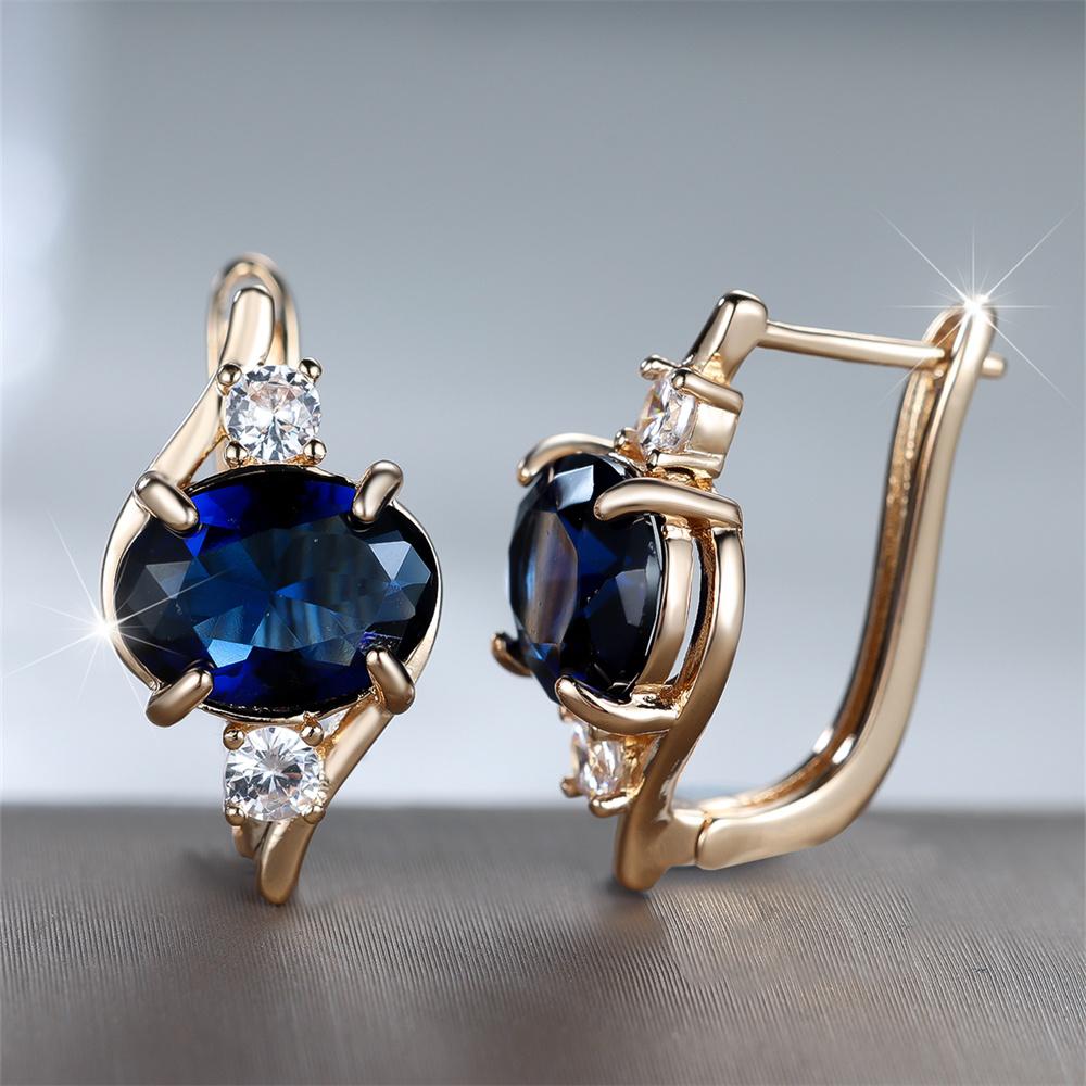 Geometric Zircon Blue Crystal Oval Stone Hoop Earrings For Women Vintage Gold Color Ear Buckle Wedding Jewelry Engagement Gifts