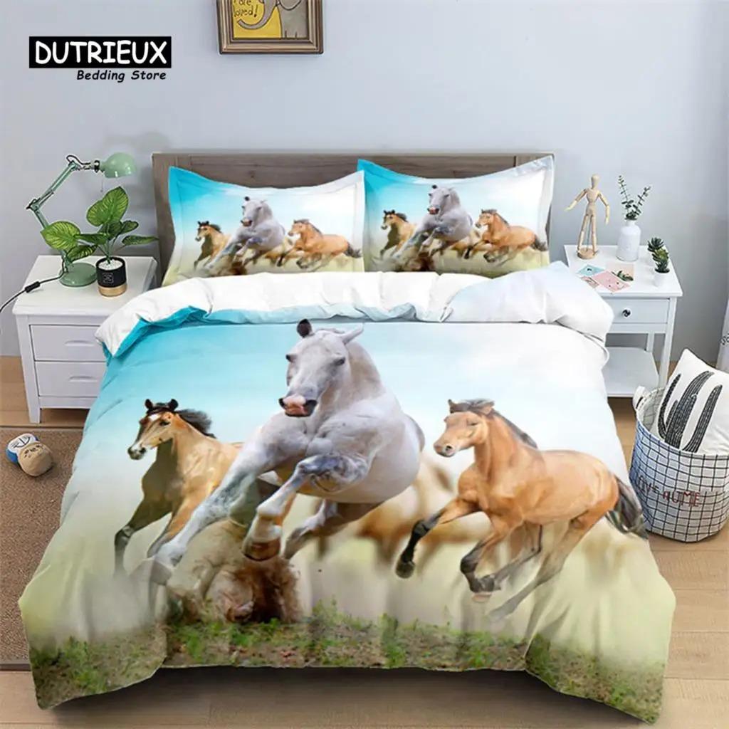 Horse Comforter Cover Set For Kids Toddler Farm Animal Pattern Bedding Set Boys Girls 3 Piece Farmhouse Cowboy Duvet Cover Set