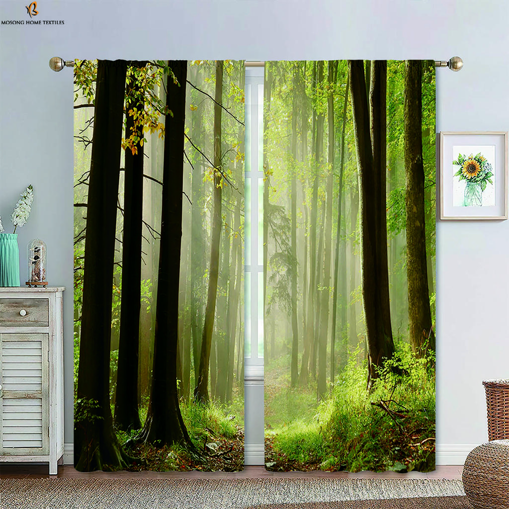 Herbst Nebliger Wald Landschaft 3D Gedruckte Vorhänge Polyesterfaser Stangentasche Schlafzimmer Wohnzimmer Küche Vorhänge 2 Stück