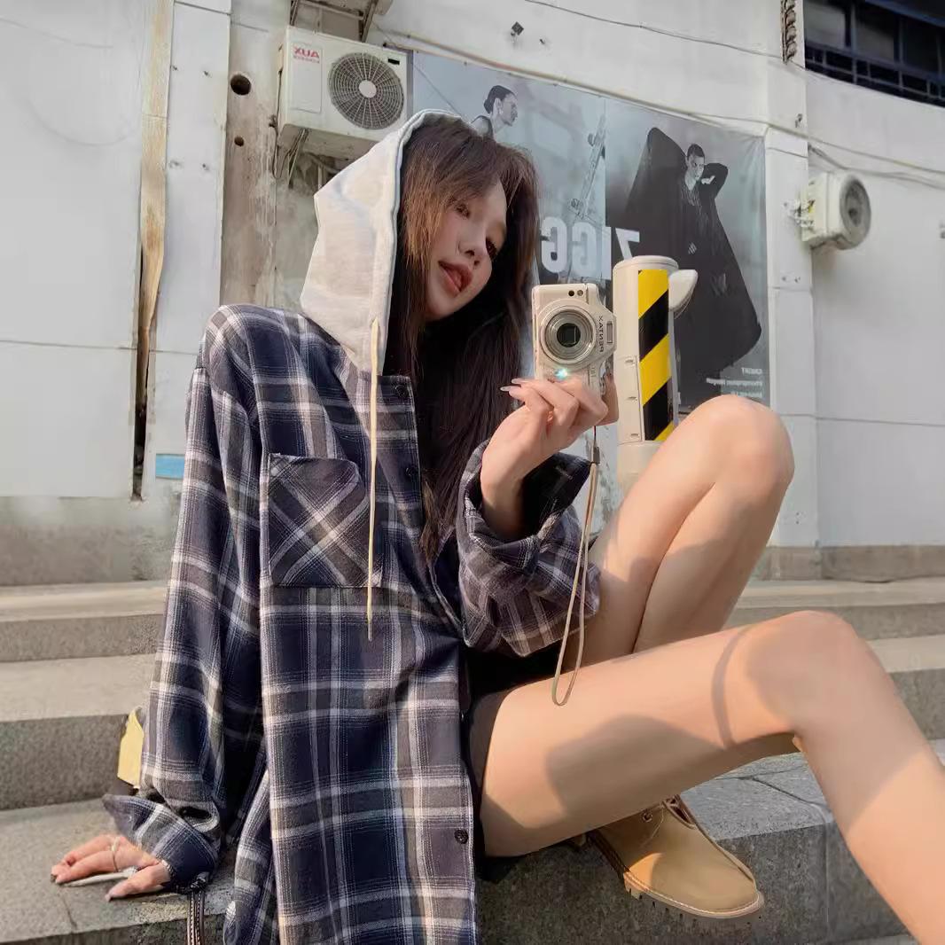 

Женская клетчатая рубашка с капюшоном в стиле колледжа, новый свободный повседневный кардиган для женщин ранней осени 2XL