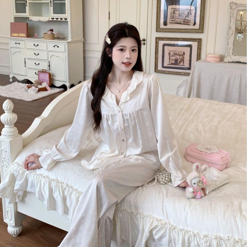 Ice Silk Pajamas for Women 1011 New Palace Style Long Sleeve and Long Pants Homewear Set Korean Sweet Style Loose Fit