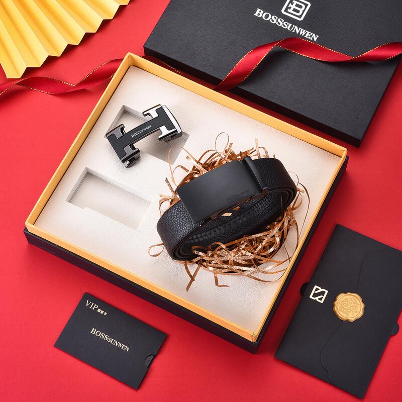 Мужской ремень BOSSSUNWEN из натуральной кожи с автоматической пряжкой, подарочный набор 120cm