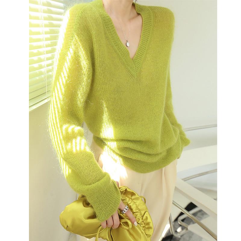 Women's Fluorescent Green V-Neck Mohair Sweater - Cozy Spring/Autumn Knitwear 2025