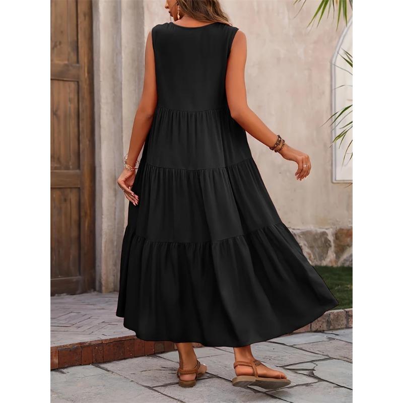 2025 Women Dress Summer Casual Vacation Holiday Beach Long Dresses V-neck Loose Elegant Yellow Black RUFFLES Dress Femme