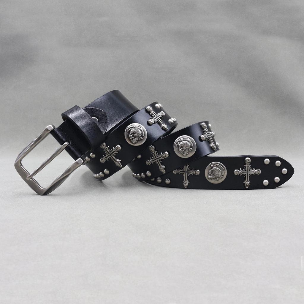 Unisex Y2K Punk Totenkopf Nieten Gürtel - Rindsleder, Nachtclub Stil