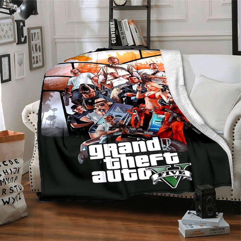 

1 шт. М яка фланелева ковдра Grand Theft Auto з дизайнерським принтом. Затишна ковдра для будь-якої пори року, ідеальна для дивана, ліжка, офісу 80x120cm