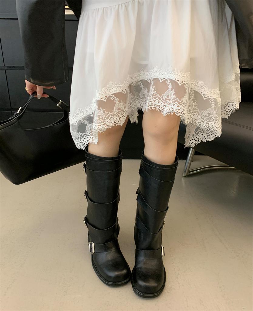 Retro belt buckle boots women's 2025 autumn and winter new thin tall knight boots thick heel large size western cowboy boots